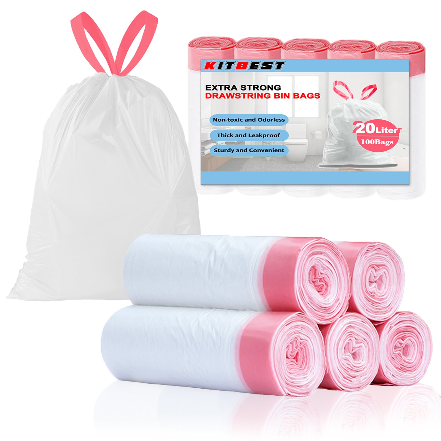 KITBEST 20l Bin Liners Drawstring Trash Bags, 100 Tie Handle Swing Food Waste Bags Small Biodegradable Caddy Pedal Rubbish Garbage Bags for Bathroom Office Toilet Kitchen Trash Bin (50 x 60cm)