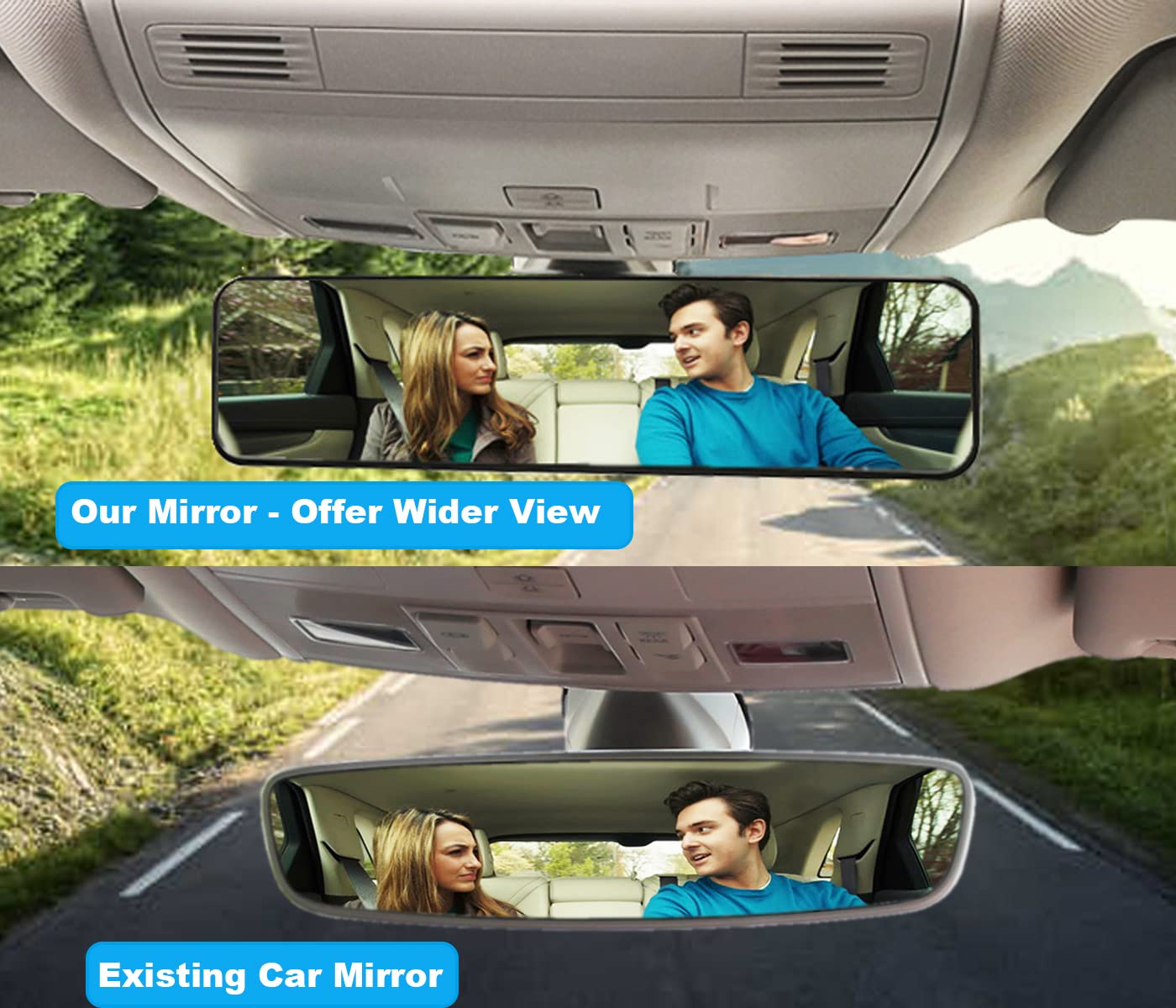 Kitbest Rear View Mirror, Universal Clip On Rearview Mirror, Wide Angle Mirror, Car Mirror, Panoramic Interior Extended Rear View Mirror, Rearview Mirror Extender, Anti Glare, Blue Tint for Car Truck