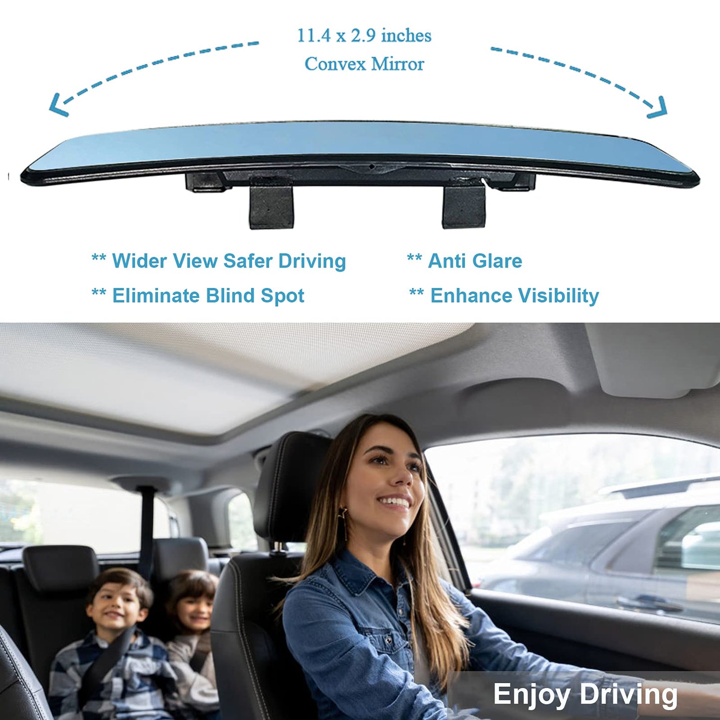 Kitbest Rear View Mirror, Universal Clip On Rearview Mirror, Wide Angle Mirror, Car Mirror, Panoramic Interior Extended Rear View Mirror, Rearview Mirror Extender, Anti Glare, Blue Tint for Car Truck