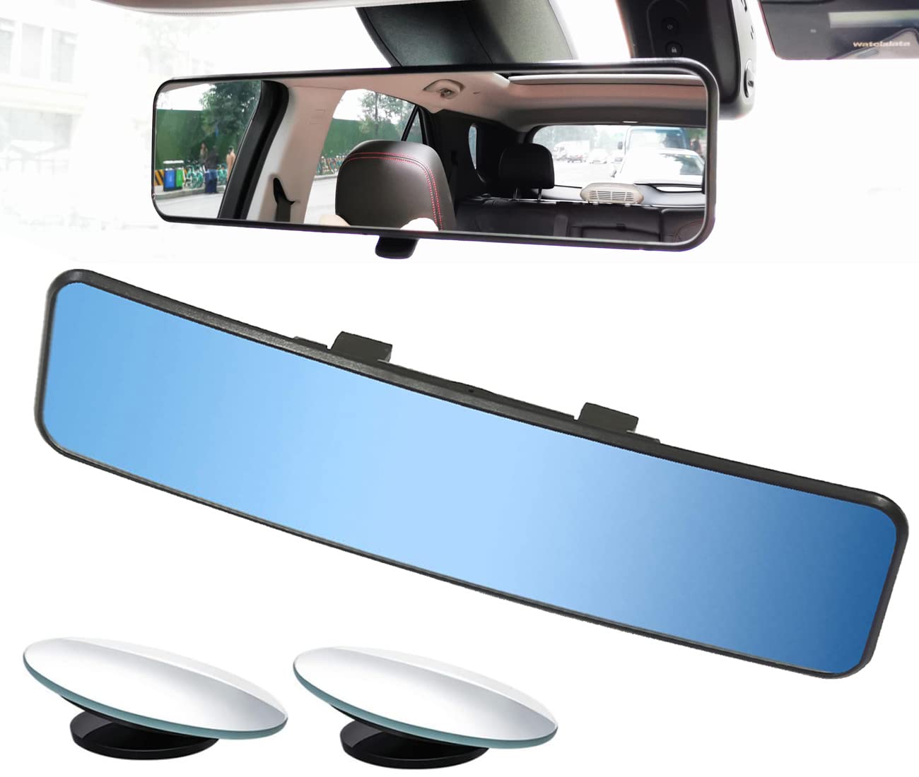 Kitbest Rear View Mirror, Universal Clip On Rearview Mirror, Wide Angle Mirror, Interior Rear View Mirror, Anti Glare Rearview Mirror, Blue Tint Car Mirror (Bonus 2 PCS Blind Spot Mirrors)