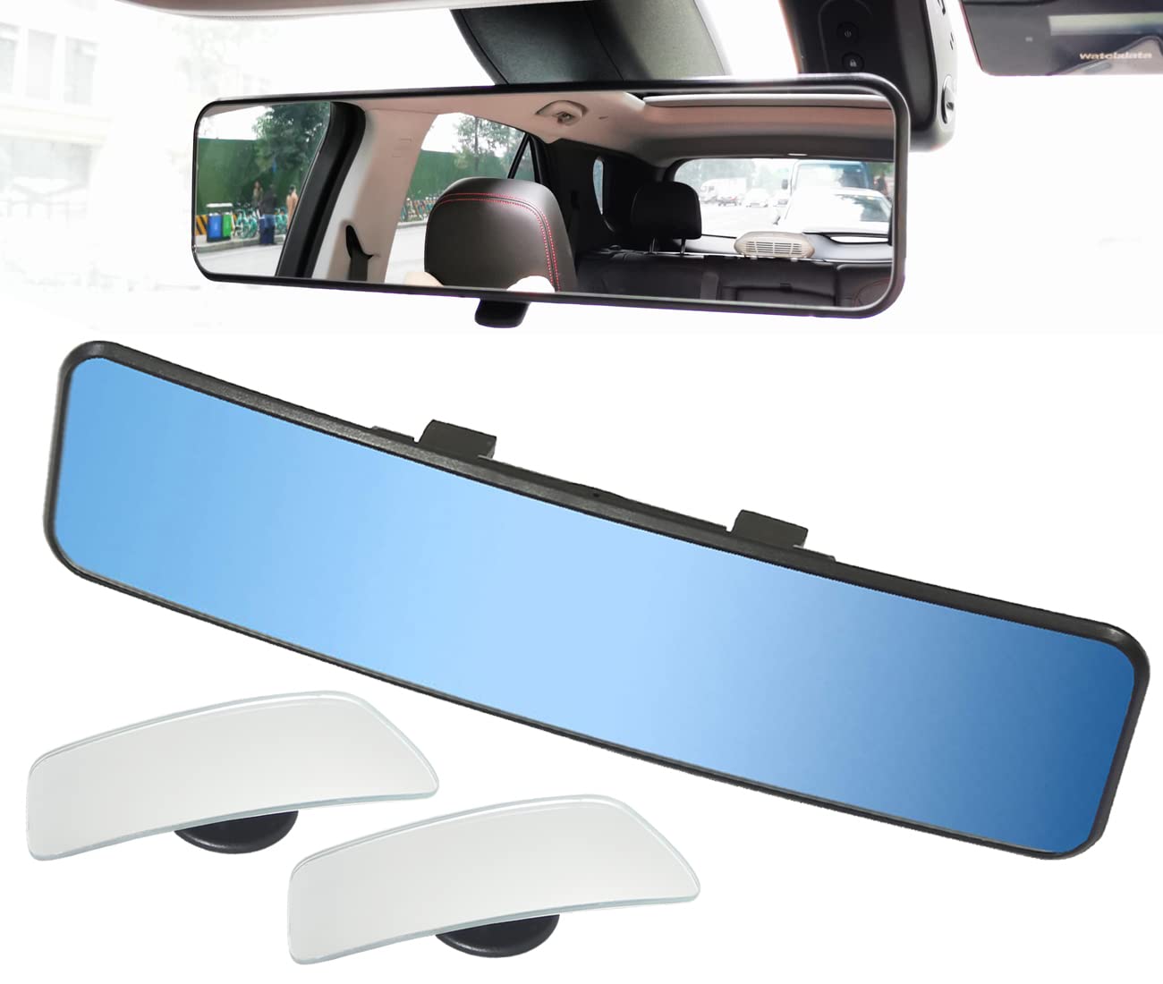 Rear View Mirror, Universal Clip On Rearview Mirror, Wide Angle Mirror, Interior Rear View Mirror, Anti Glare Rearview Mirror, Blue Tint Car Mirror (Bonus 2 PCS Long Blind Spot Mirrors)