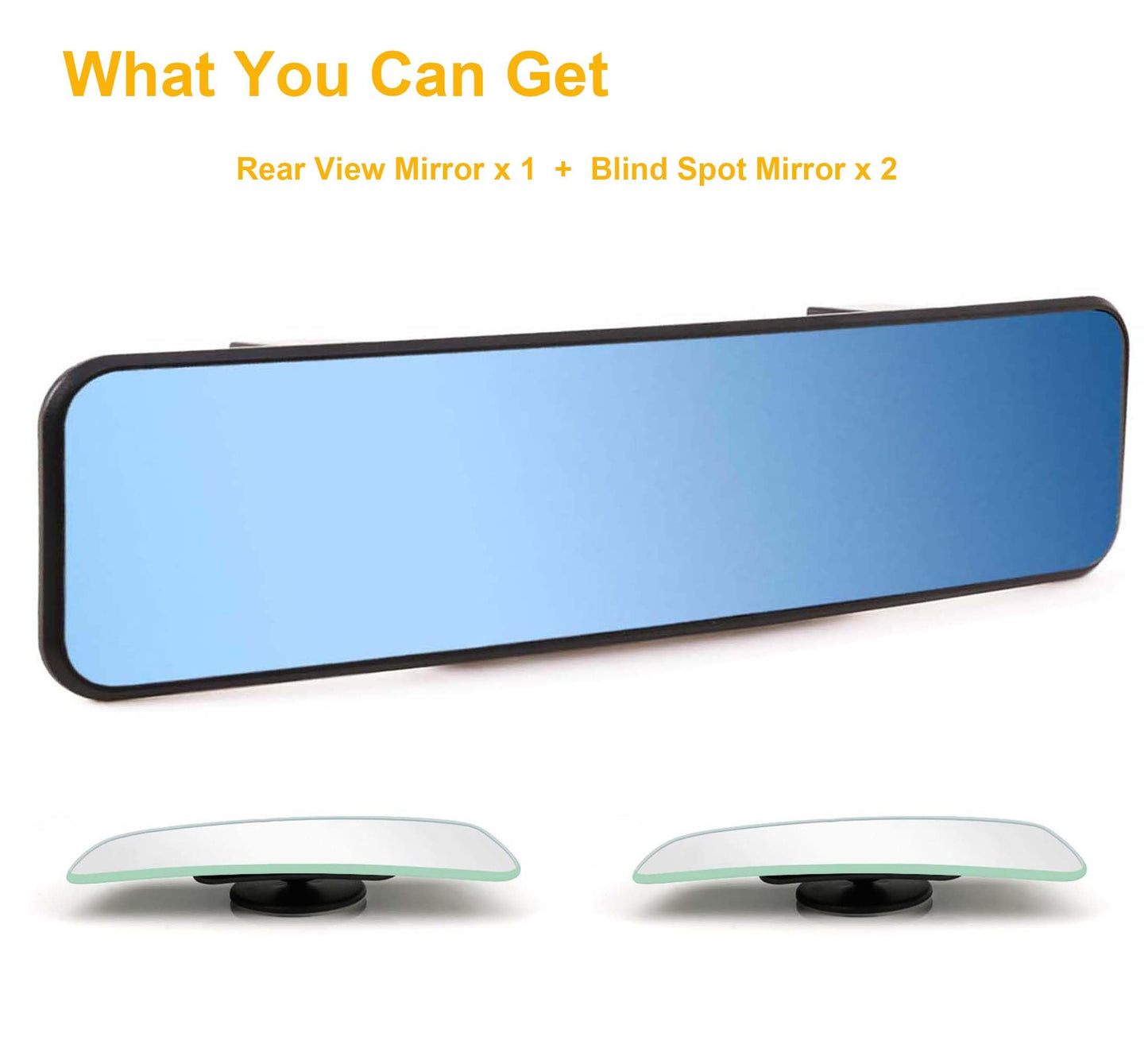 Rear View Mirror, Universal Clip On Rearview Mirror, Wide Angle Mirror, Interior Rear View Mirror, Anti Glare Rearview Mirror, Blue Tint Car Mirror (Bonus 2 PCS Long Blind Spot Mirrors)