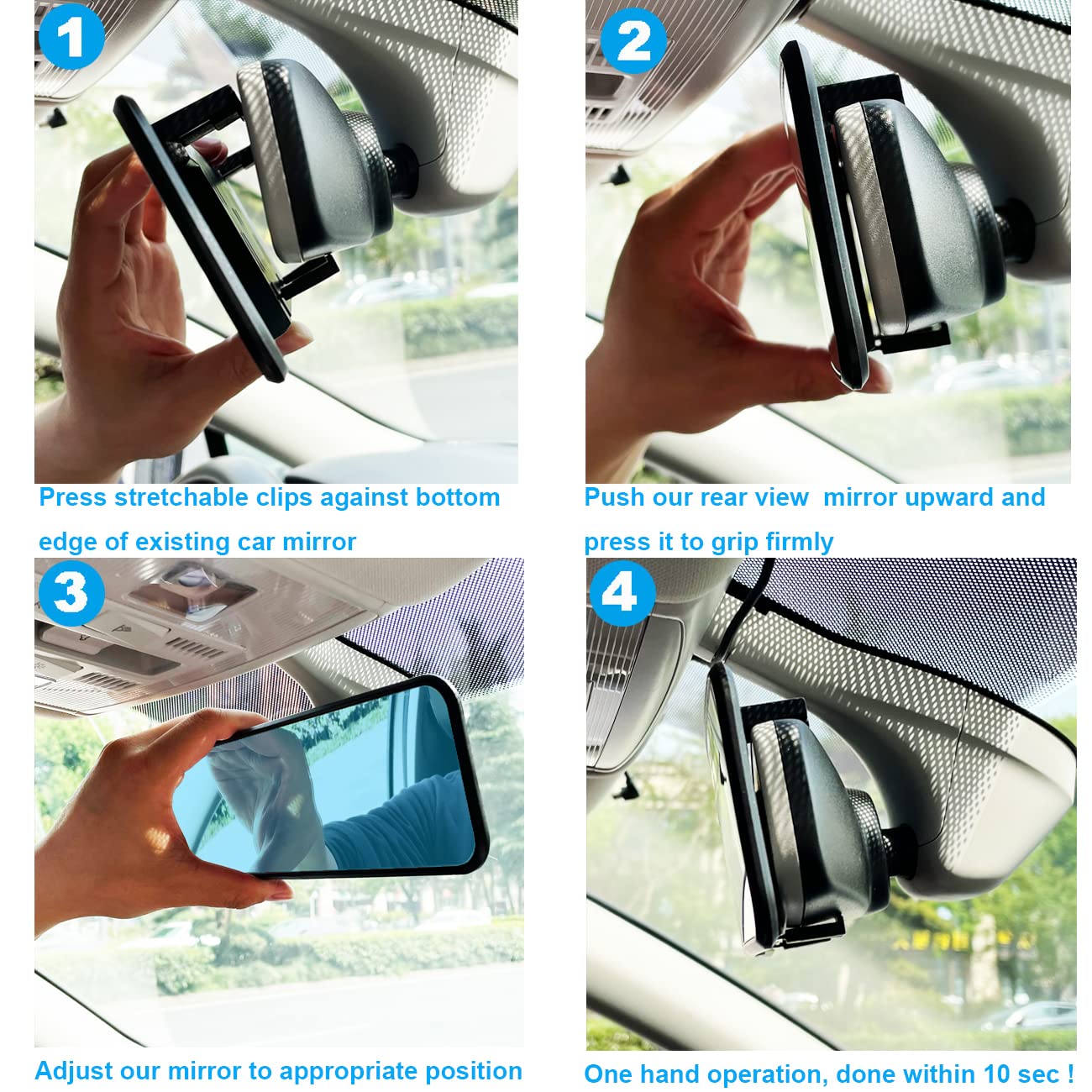 Rear View Mirror, Universal Clip On Rearview Mirror, Wide Angle Mirror, Interior Rear View Mirror, Anti Glare Rearview Mirror, Blue Tint Car Mirror (Bonus 2 PCS Long Blind Spot Mirrors)