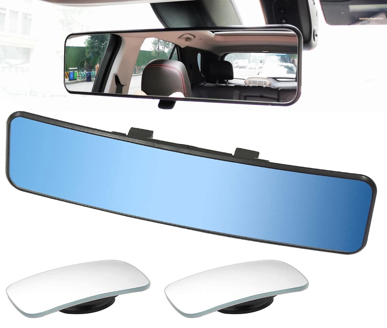 Rear View Mirror, Universal Clip On Rearview Mirror, Wide Angle Mirror, Interior Rear View Mirror, Anti Glare Rearview Mirror, Blue Tint Car Mirror (Bonus 2 PCS Square Blind Spot Mirrors）