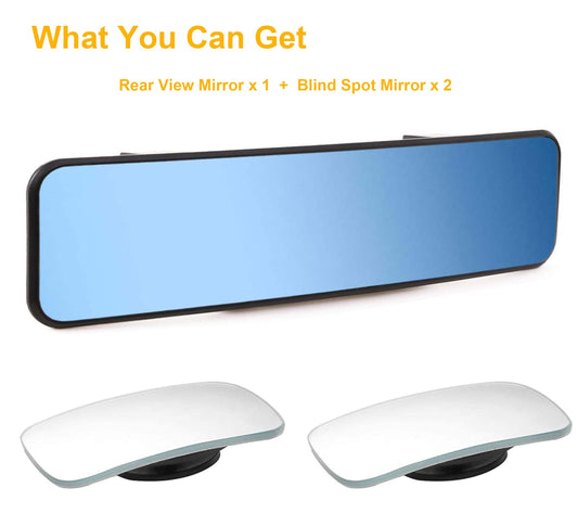 Rear View Mirror, Universal Clip On Rearview Mirror, Wide Angle Mirror, Interior Rear View Mirror, Anti Glare Rearview Mirror, Blue Tint Car Mirror (Bonus 2 PCS Square Blind Spot Mirrors）