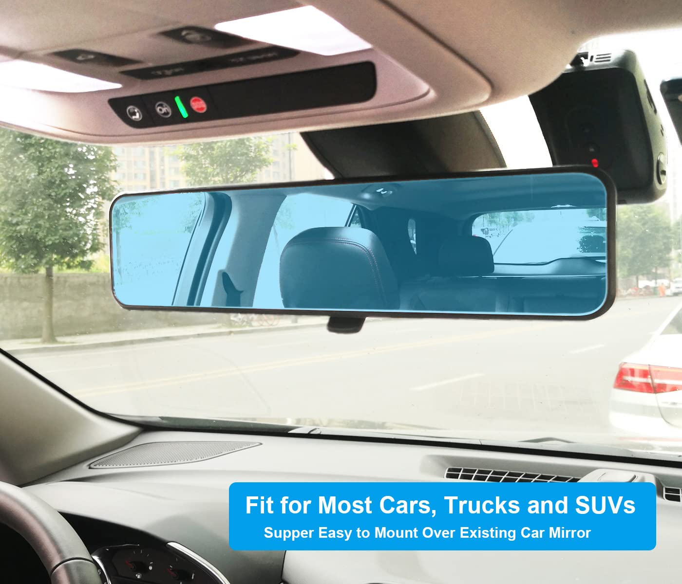 Rear View Mirror, Universal Clip On Rearview Mirror, Wide Angle Mirror, Interior Rear View Mirror, Anti Glare Rearview Mirror, Blue Tint Car Mirror (Bonus 2 PCS Square Blind Spot Mirrors）