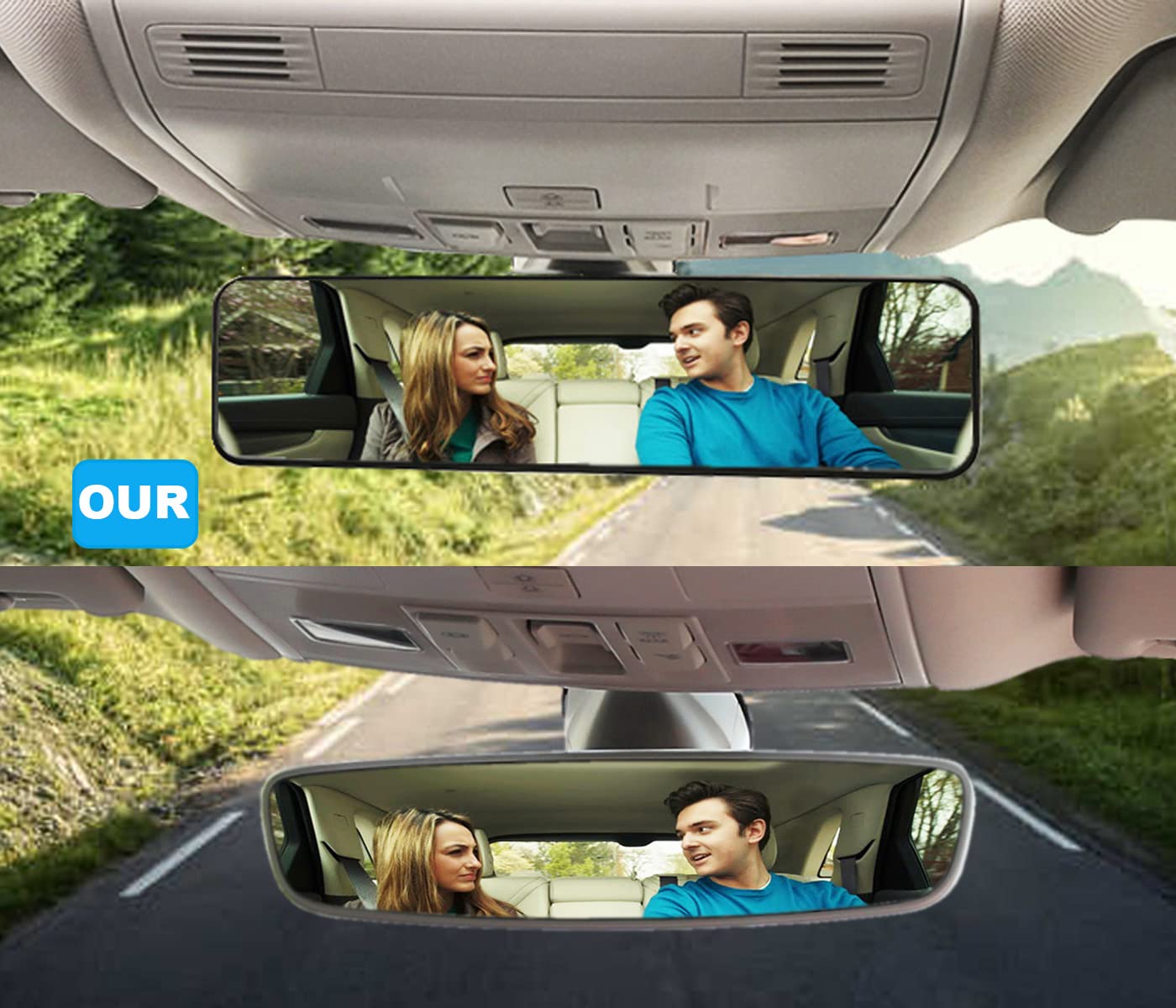 Rear View Mirror, Universal Clip On Rearview Mirror, Wide Angle Mirror, Interior Rear View Mirror, Anti Glare Rearview Mirror, Blue Tint Car Mirror (Bonus 2 PCS Square Blind Spot Mirrors）