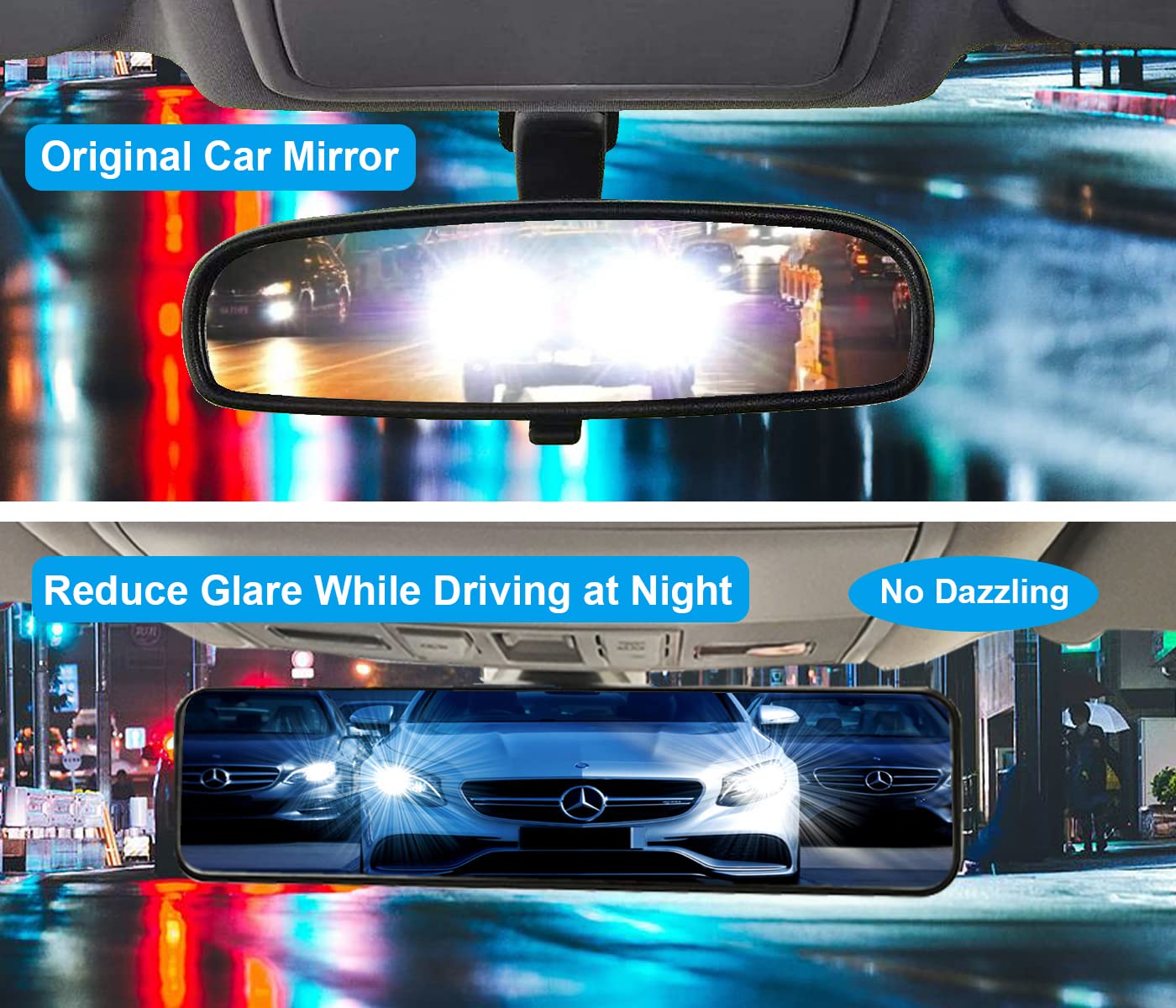 Rear View Mirror, Universal Clip On Rearview Mirror, Wide Angle Mirror, Interior Rear View Mirror, Anti Glare Rearview Mirror, Blue Tint Car Mirror (Bonus 2 PCS Square Blind Spot Mirrors）