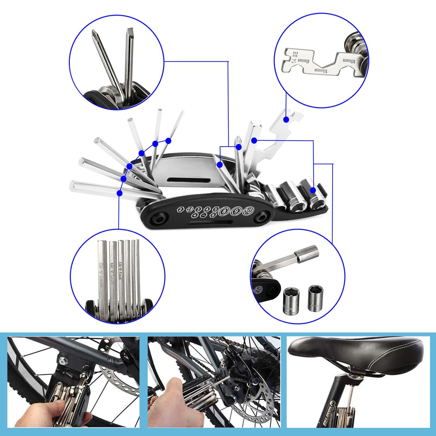 Kitbest Fahrrad Reparaturset, Fahrrad Werkzeugset Reparatursatz mit 16-in-1 Fahrrad Multitool, Fahrrad Werkzeug Reparaturset Flickzeug Set Fahrradwerkzeug multitool werkzeug für Unterwegs