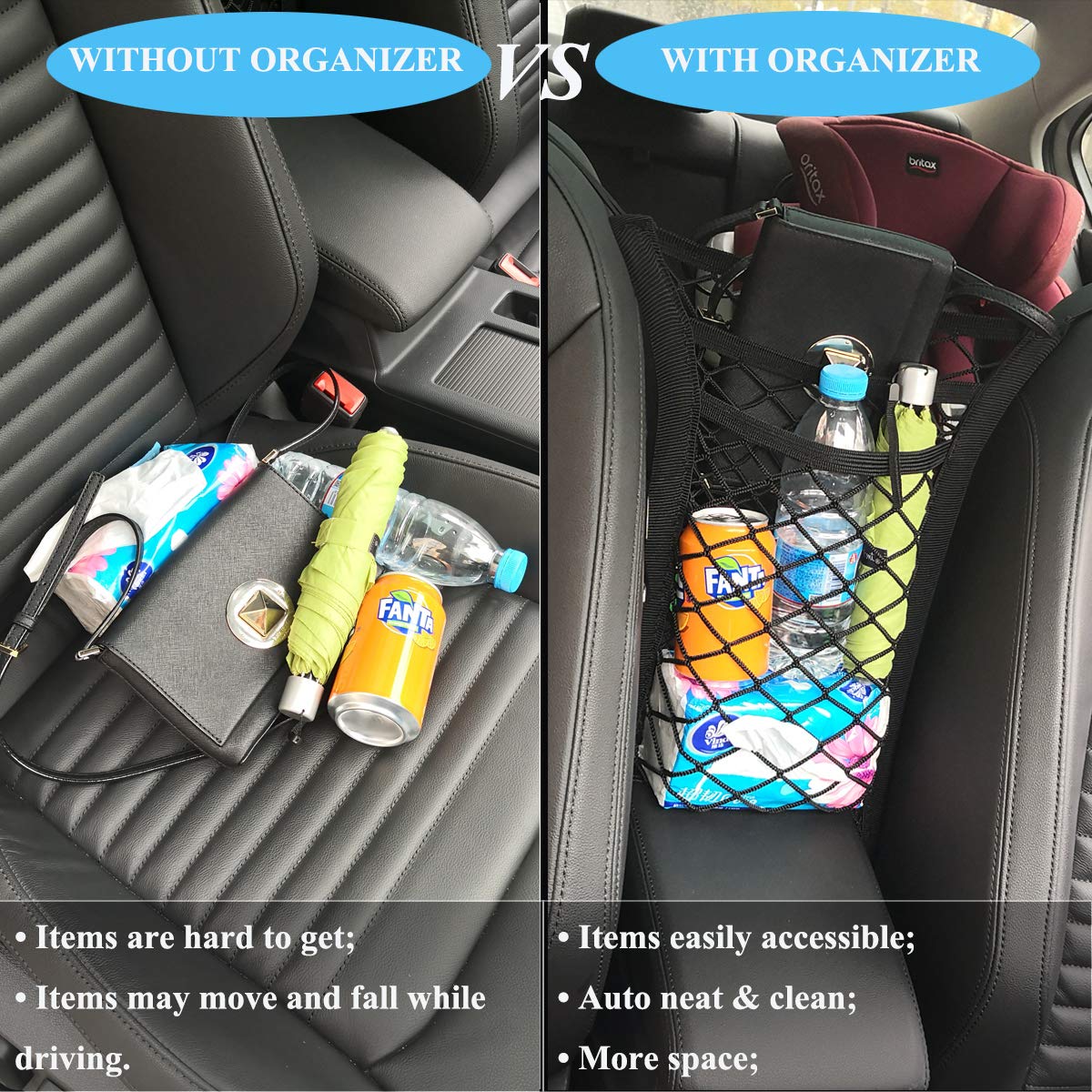 3-Layer Car Mesh Organizer, Purse Holder for Car, Net Pocket Handbag Holder Between Seats, Car Storage Organizer for Bag, Dog Car Barrier, Driver Storage Netting Pouch for Children and Pets