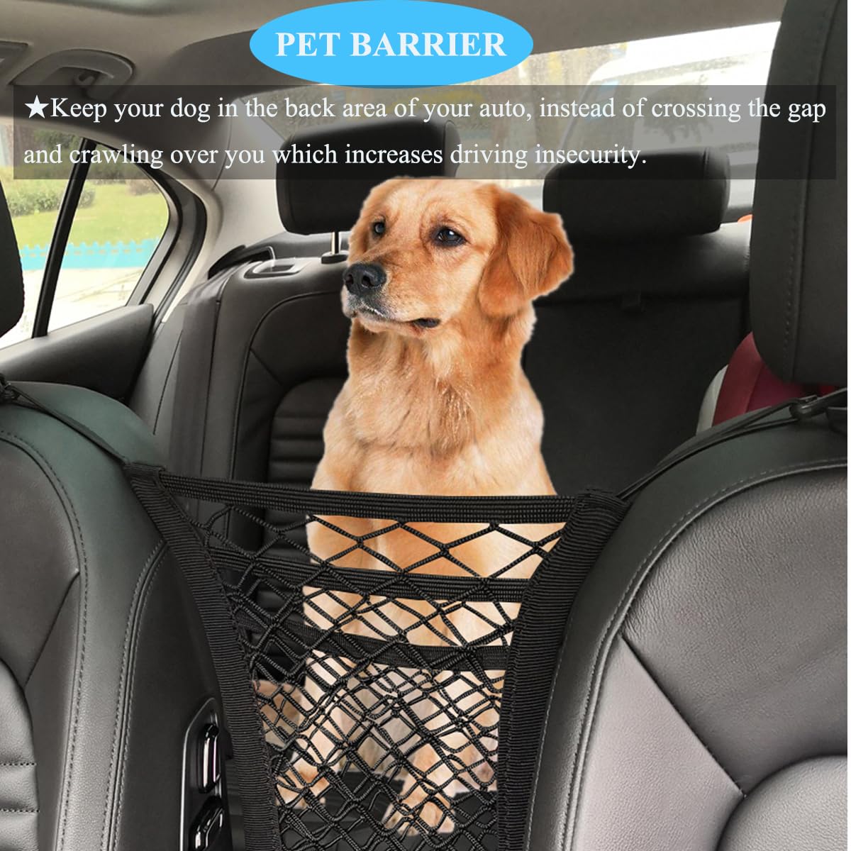 Kitbest 3-Layer Car Mesh Organizer & 2 PCS Car Hooks, Net Pocket Handbag Holder Between Seats, Car Storage Organizer for Bag, Dog Car Barrier, Driver Storage Netting Pouch for Children and Pets