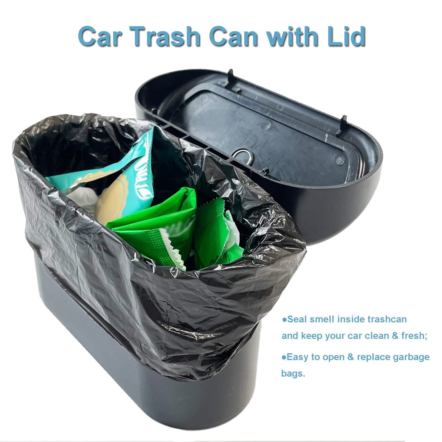 Kitbest Car Bin, Car Trash Can with Lid 60 pcs Trash Bags, Mini Small Car Rubbish Garbage Bins for Front and Back of Car, Portable Cute Car Accessories for Storage and Organization, Waterproof, Black