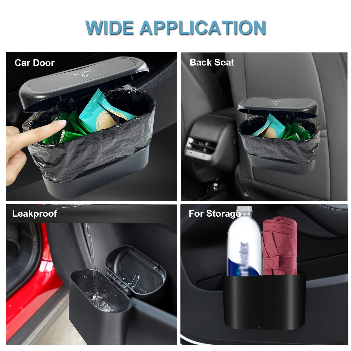 Kitbest Car Bin, Car Trash Can with Lid 60 pcs Trash Bags, Mini Small Car Rubbish Garbage Bins for Front and Back of Car, Portable Cute Car Accessories for Storage and Organization, Waterproof, Black