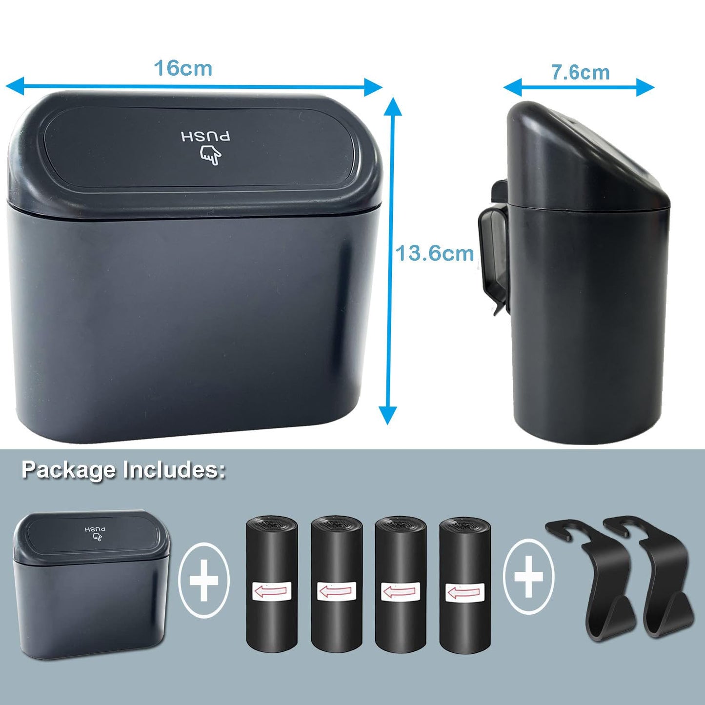 Kitbest Car Bin, Car Trash Can with Lid 60 pcs Trash Bags, Mini Small Car Rubbish Garbage Bins for Front and Back of Car, Portable Cute Car Accessories for Storage and Organization, Waterproof, Black