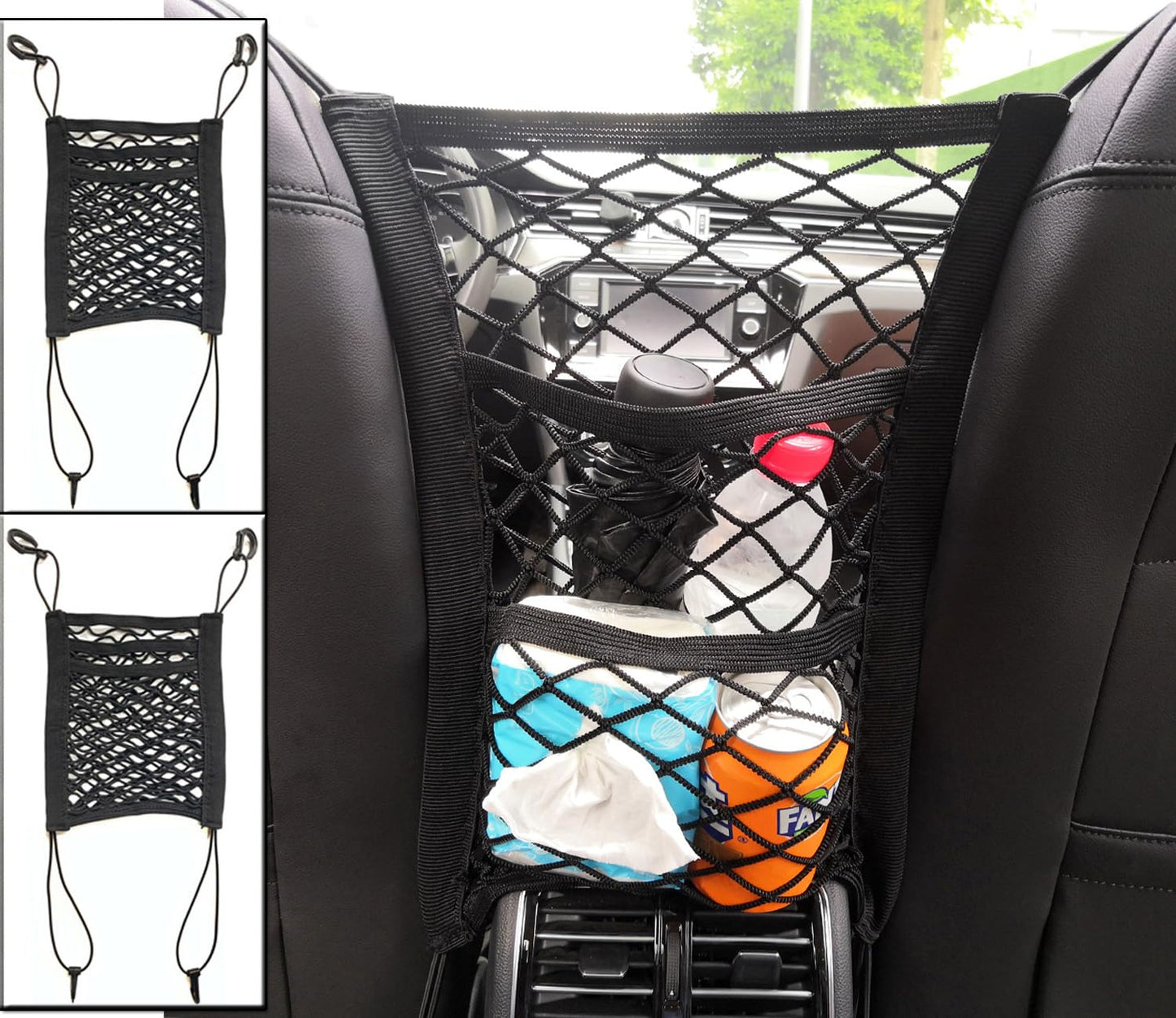 KITBEST (2 Pack) 3-Layer Car Mesh Organizer, Seat Back Net Bag Holder Car Storage Organizer, Dog Car Barrier, Cargo Tissue Handbag Purse Holder, Driver Storage Netting Pouch, Car Accessories