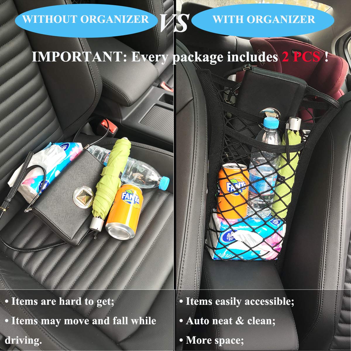 KITBEST (2 Pack) 3-Layer Car Mesh Organizer, Seat Back Net Bag Holder Car Storage Organizer, Dog Car Barrier, Cargo Tissue Handbag Purse Holder, Driver Storage Netting Pouch, Car Accessories