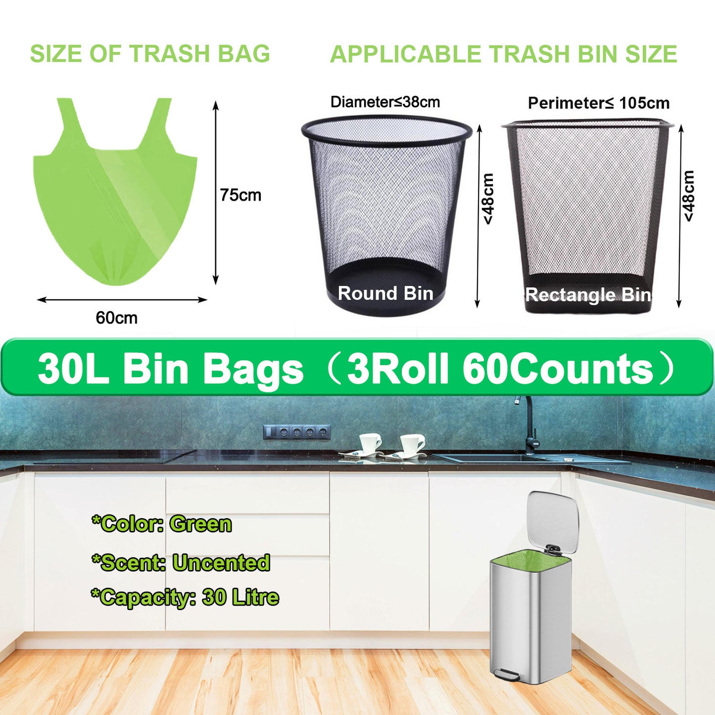KITBEST 60 Bin Liners 30L, Biodegradable Food Waste Bags with Drawstring Tie Handle, Strong Green Trash Caddy Bag, Compostable Swing Garbage Bags for Bathroom Office Toilet Kitchen (60x75cm)