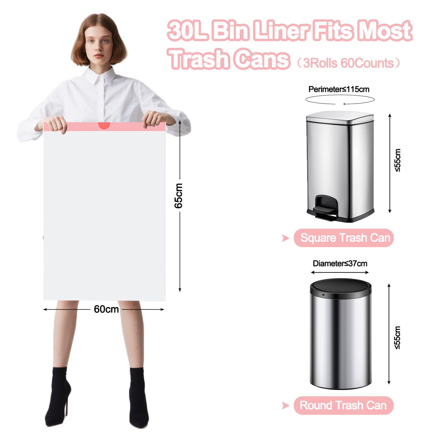 30 Liter Bin Liners 60 Bags, KITBEST Drawstring Bin Bags with Tie Handle, Strong Trash Garbage Rubbish Bags for Bathroom Bedroom Kitchen Office Waste Paper Bin (60cm X 65cm, White)