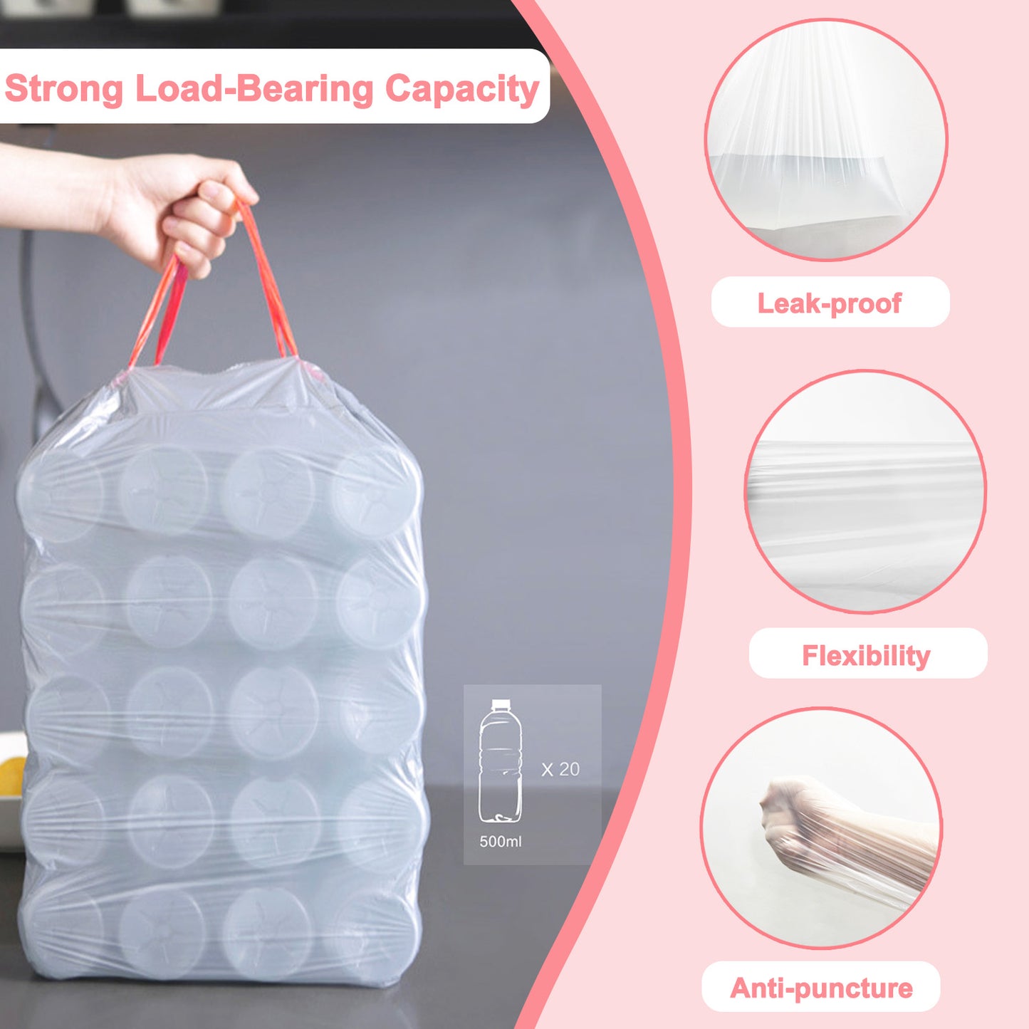 30 Liter Bin Liners 60 Bags, KITBEST Drawstring Bin Bags with Tie Handle, Strong Trash Garbage Rubbish Bags for Bathroom Bedroom Kitchen Office Waste Paper Bin (60cm X 65cm, White)