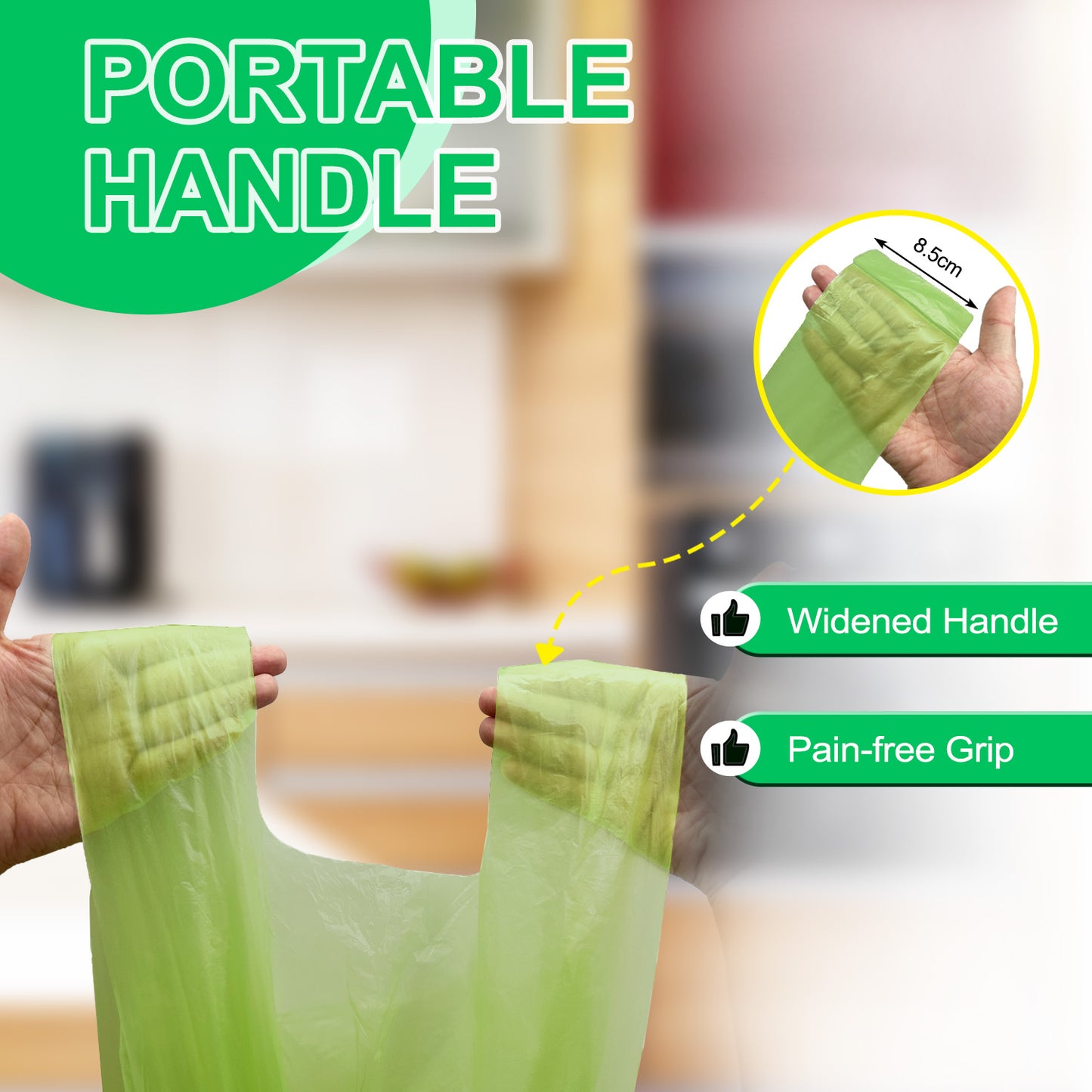 KITBEST 60 Bin Liners 30L, Biodegradable Food Waste Bags with Drawstring Tie Handle, Strong Green Trash Caddy Bag, Compostable Swing Garbage Bags for Bathroom Office Toilet Kitchen (60x75cm)