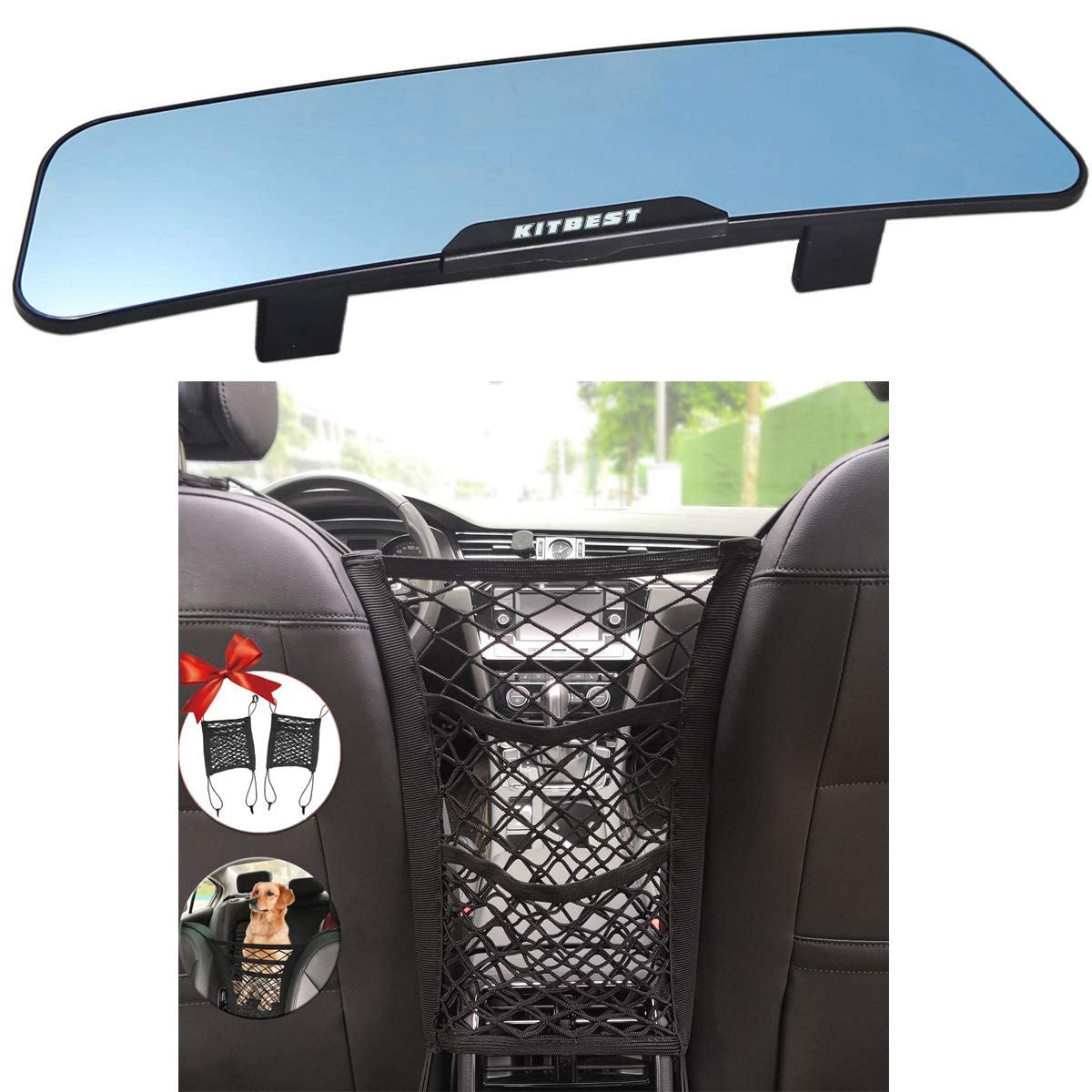 KITBEST Anti Glare Rear View Mirror and Car Mesh Organizer