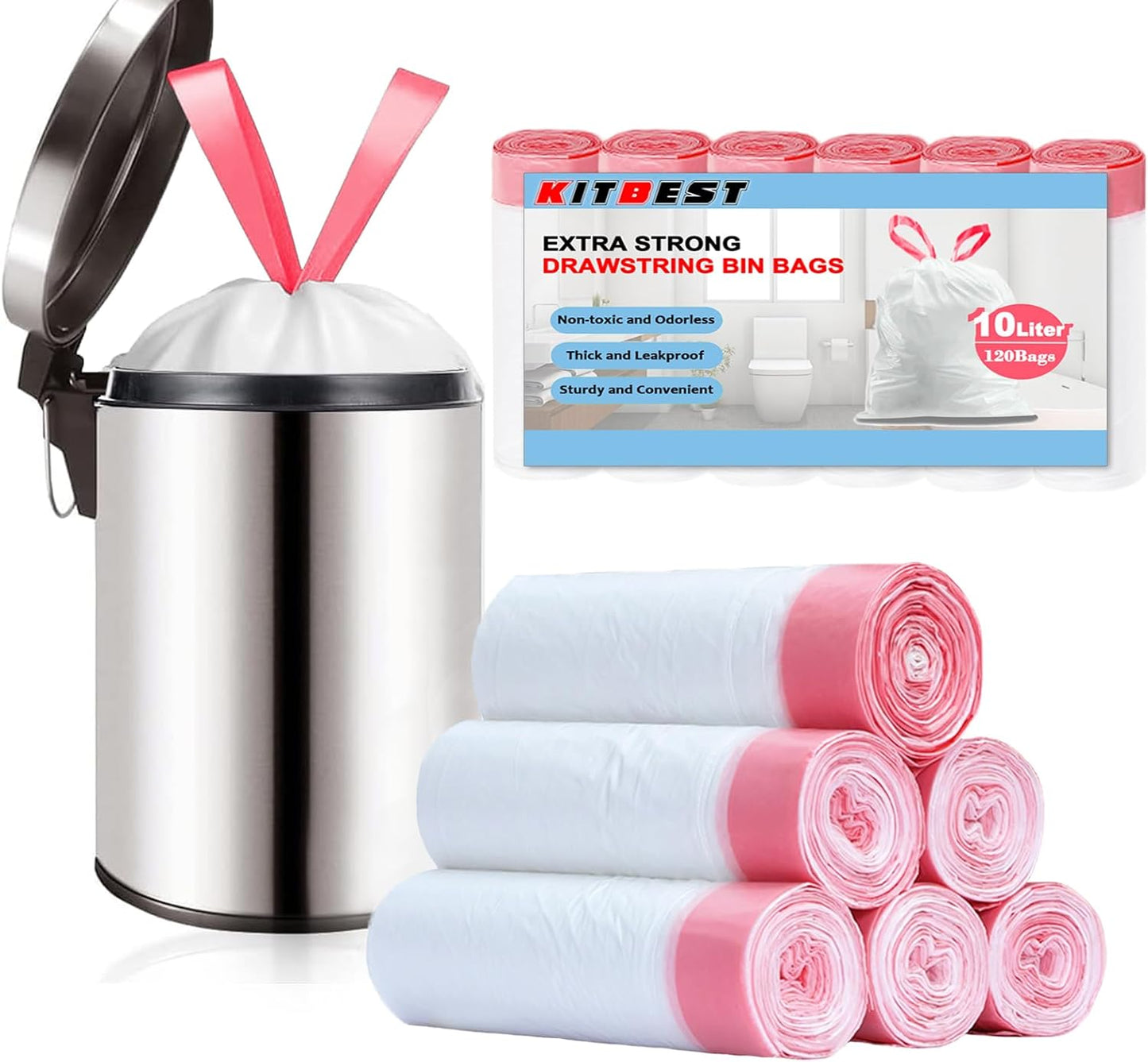 10L Bin Bags Small Bin Liners (120 Bags), Drawstring Trash Bags with Tie Handle, KITBEST No-Tear Caddy Liner Pedal Garbage Bags for Bathroom, Toilet, Kitchen, Office Waste Bin (45x50cm)