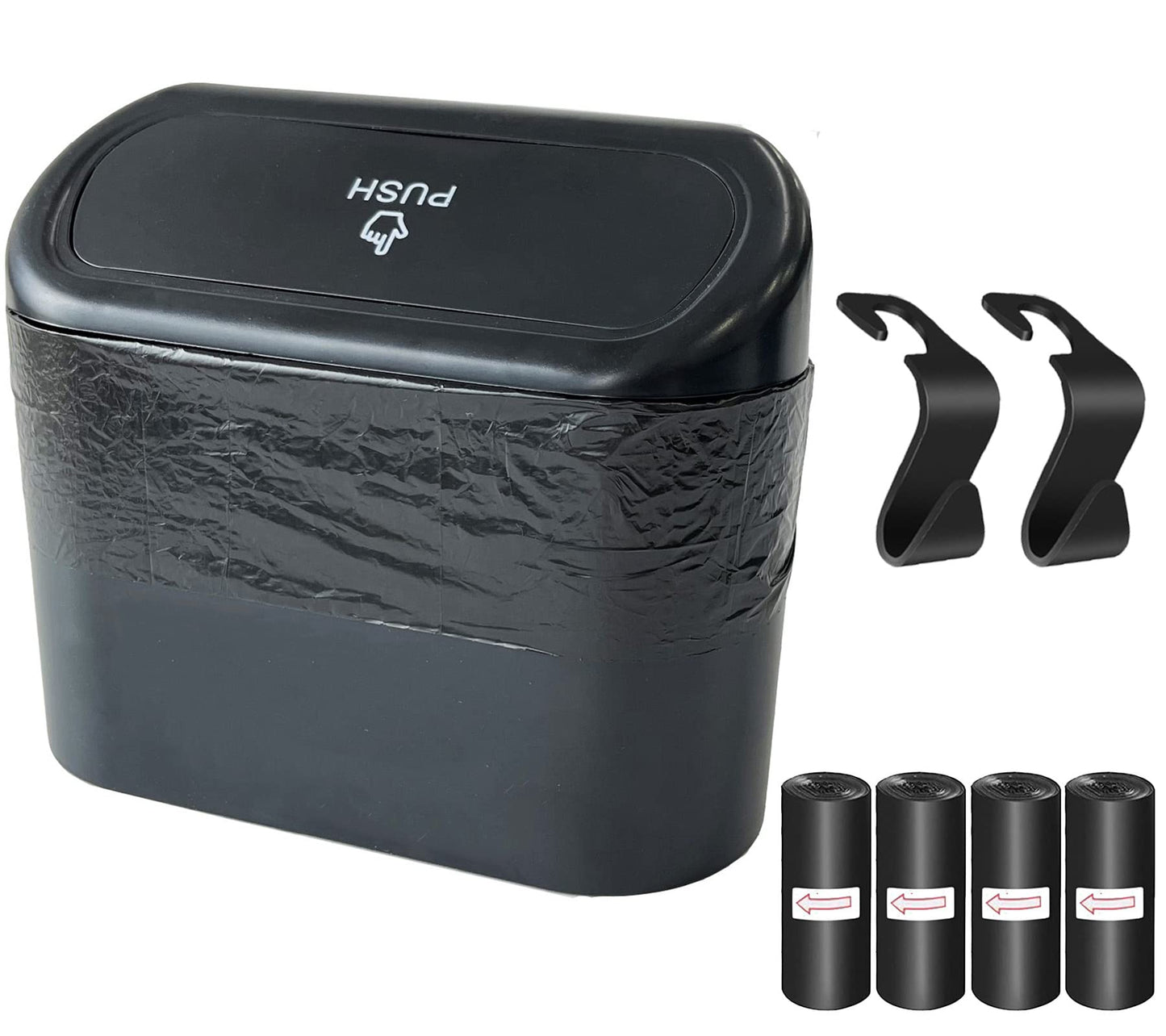 Kitbest (2 Pack Car Trash Can Bin with Lid, 120 pcs Trash Bags and 4 pcs Car Hooks. Mini Car Garbage Can, Dustbin Can Organizer Storage for Front Back Seat Accessories for Car Office Home