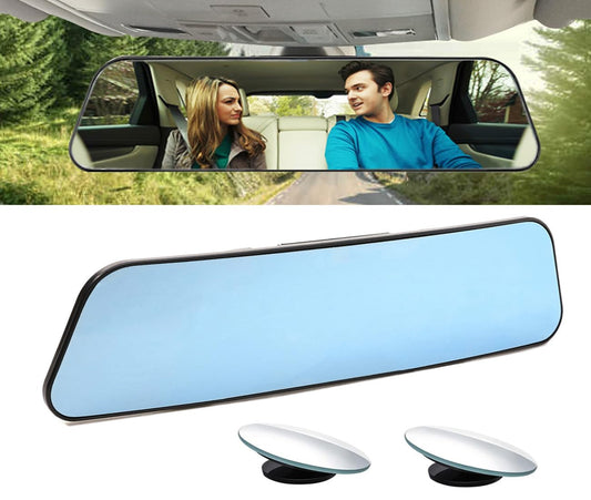 Kitbest Rear View Mirror, Universal Clip On Rearview Mirror, Wide Angle Mirror, Interior Rear View Mirror, Anti Glare Rearview Mirror, Blue Tint Car Mirror (Bonus 2 PCS Blind Spot Mirrors)