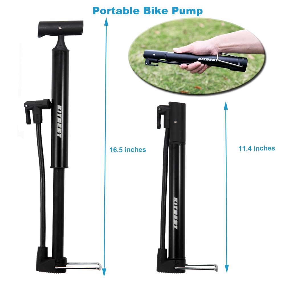 Kitbest Bike Pump, Mini Portable Bicycle Tire Pump, 130 Psi Bike Air Pump Fits Presta & Schrader Valve, Comes with Glueless Puncture Kit, Gas Ball Needle for All Bikes, MTB, Hybrid and Balls
