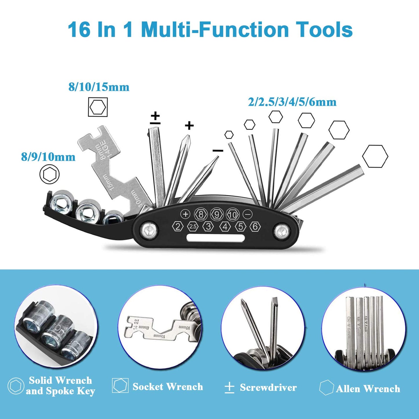 Bike Repair Kit & Bicycle Tire Pump, All in One Bike Repair Tool, Portable Tire Patches Repair Fixes, Fixe, Home Maintenance Camping Travel Tool & Bike Bag, Inflator. Safety Emergency Repair Toolkit