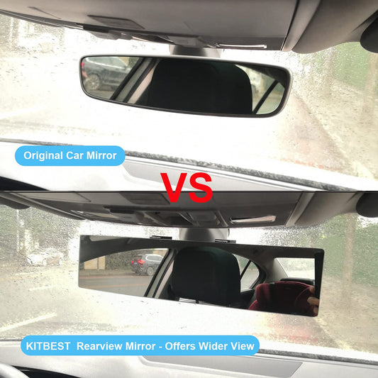 Kitbest Rear View Mirror, 12 Inch Universal Interior Clip On Panoramic Rearview Mirror, Wide Angle Mirror, Frameless Extended Rear View Mirror, Car Mirror – Clear Tint – Convex for Cars, SUV, Trucks