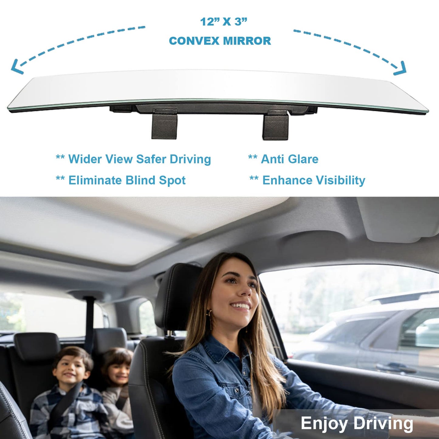 Kitbest Rear View Mirror, 12 Inch Universal Interior Clip On Panoramic Rearview Mirror, Wide Angle Mirror, Frameless Extended Rear View Mirror, Car Mirror – Clear Tint – Convex for Cars, SUV, Trucks