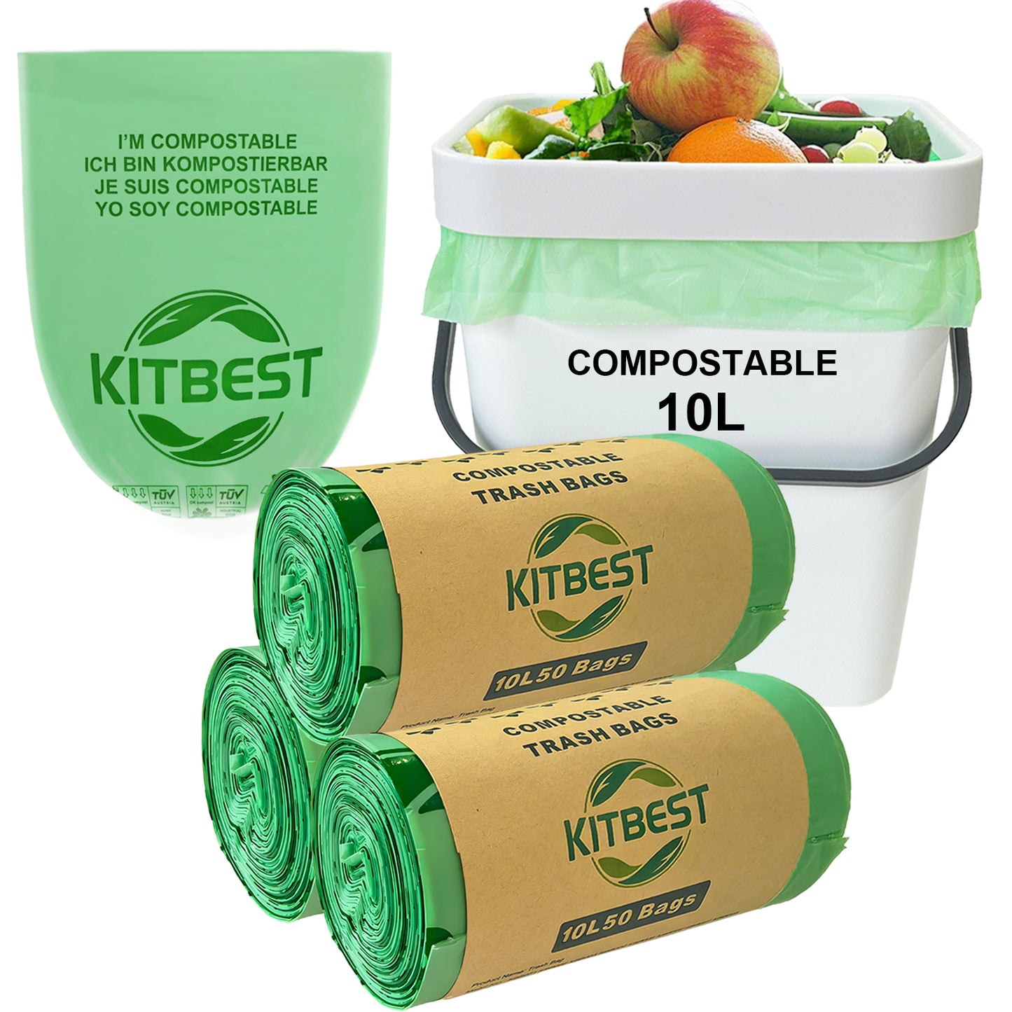 KITBEST 10L Compostable Bin Liners 150 Food Waste Bags, Biodegradable Green Caddy Liner with EN13432 Certification, Home Compost Kitchen Trash Waste Garbage Bin Bags Small
