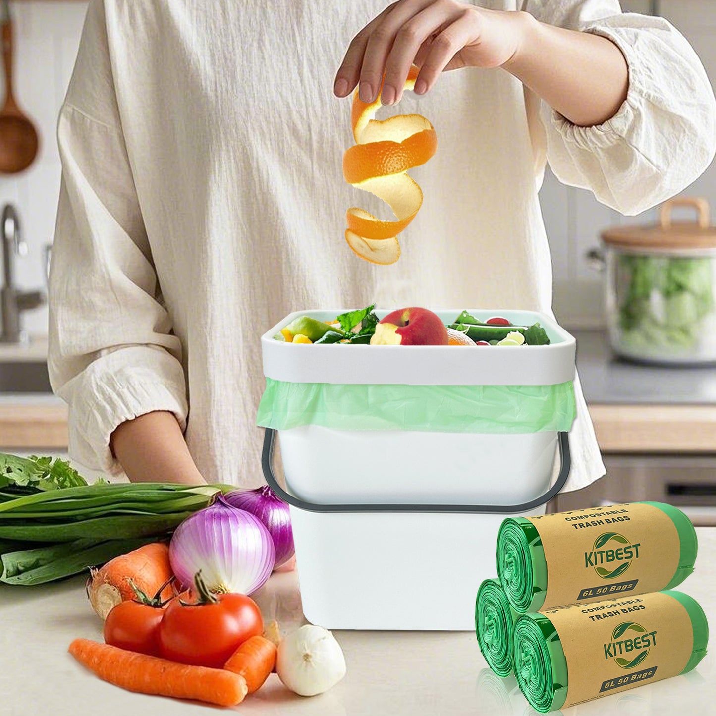 KITBEST Compostable Food Waste Bags 6L 150 Biodegradable Bin Liners with EN13432 Certification, Home Compost Kitchen Caddy Trash Waste Garbage Bags