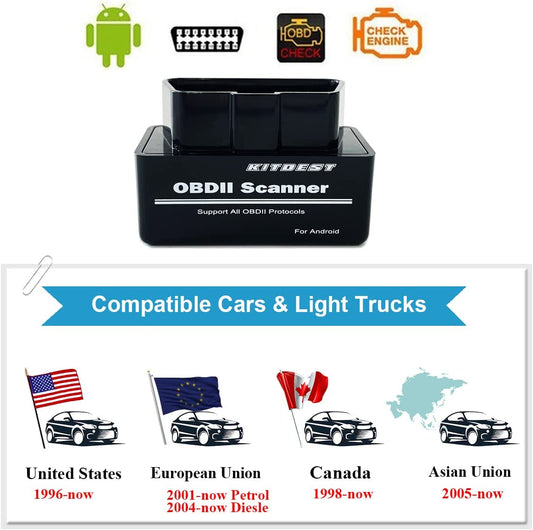 Kitbest OBD2 Scanner Bluetooth for Android, Supports Torque Pro, OBD Fusion App