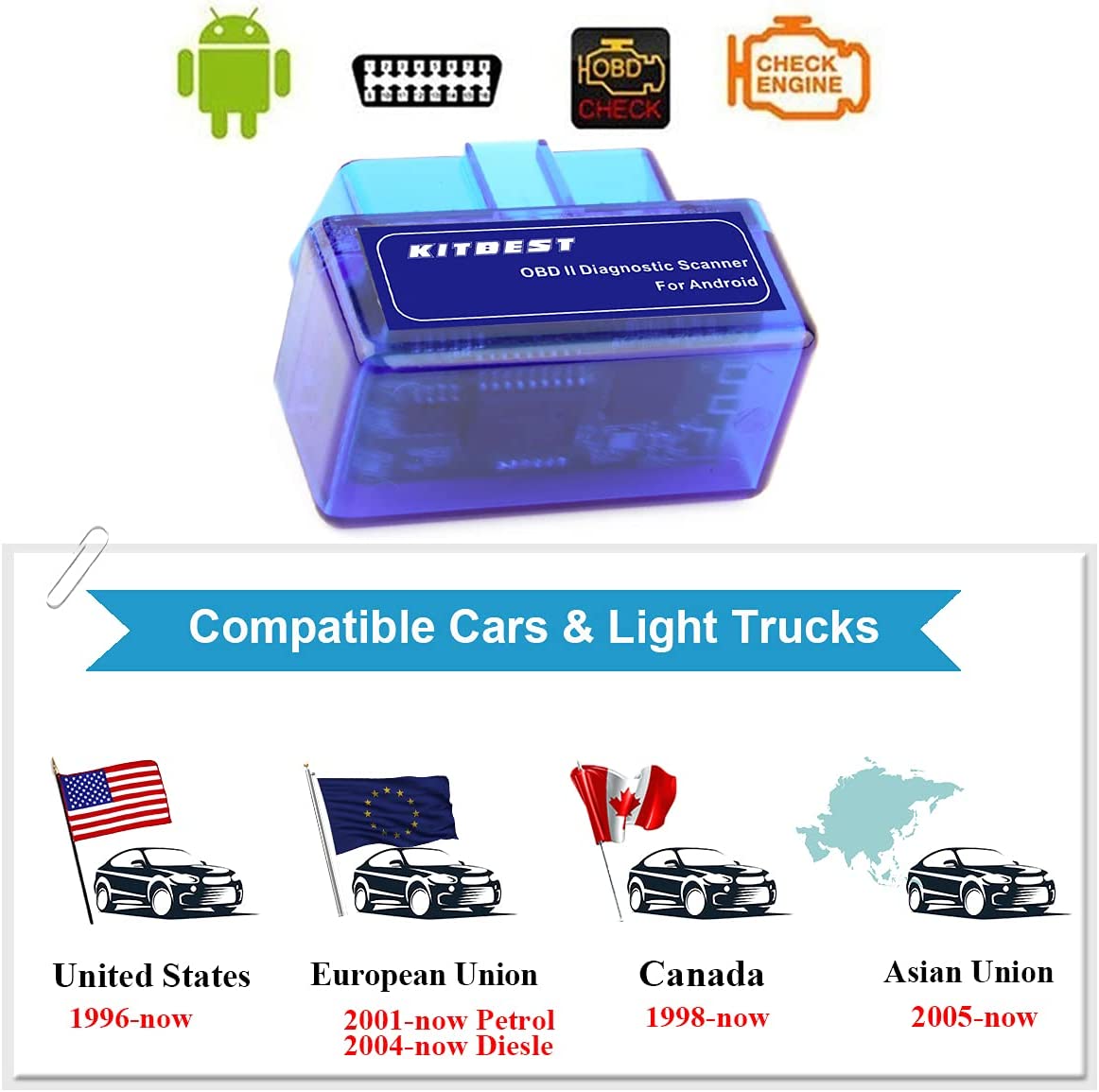 Kitbest Bluetooth OBD2 Scanner for Android, Supports Torque Pro / Lite, OBD Fusion App