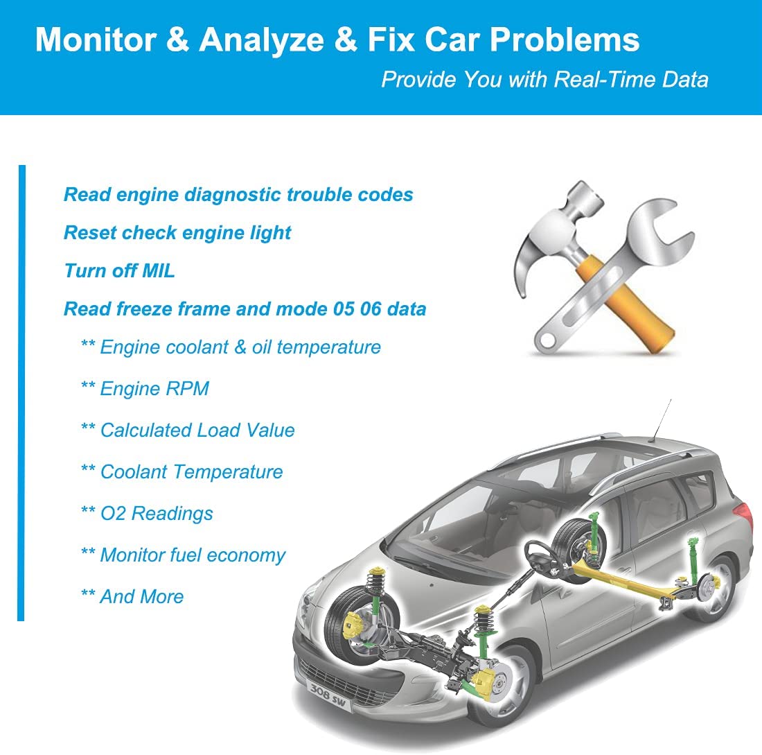 Kitbest OBD2 Scanner Bluetooth for Android, Supports Torque Pro, OBD Fusion App