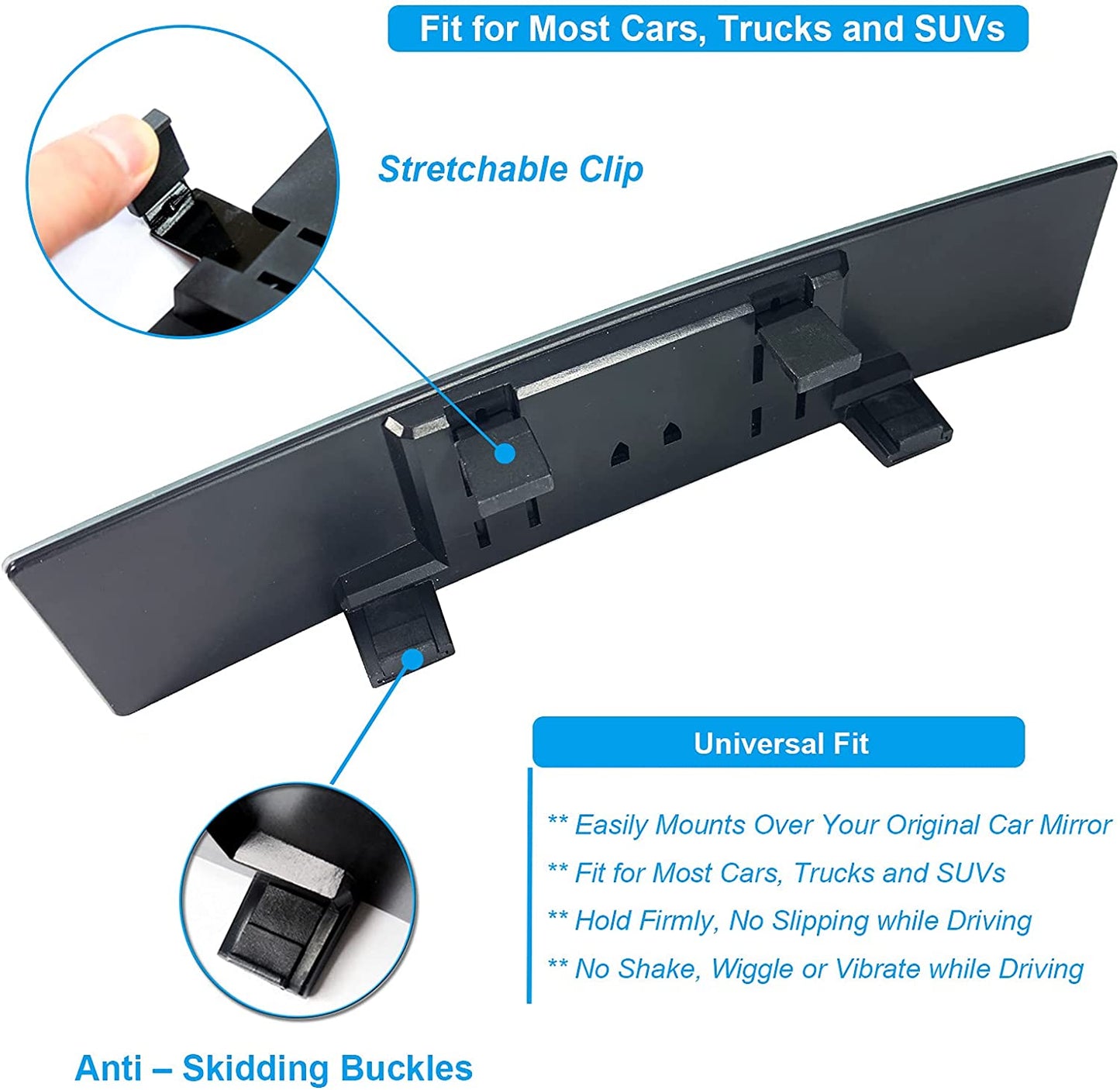 12 inch Kitbest Convex Curve Car Interior Rearview Mirror, Panoramic – Wide Angle – Frameless– Clip On For Cars, SUV, Trucks