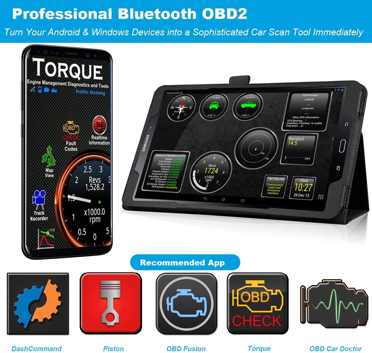 Kitbest OBD2 Scanner Bluetooth for Android, Supports Torque Pro, OBD Fusion App