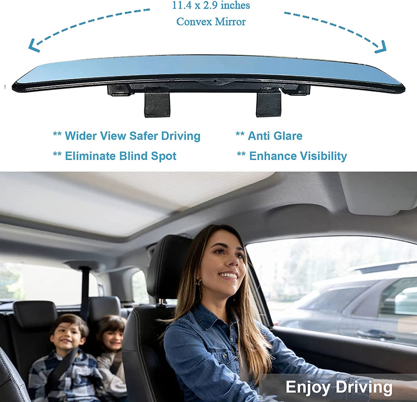 Kitbest Anti-Glare Rearview Mirror, Clip-On - Wide Angle - Panoramic - Convex - Universal For Car SUV Trucks - Blue