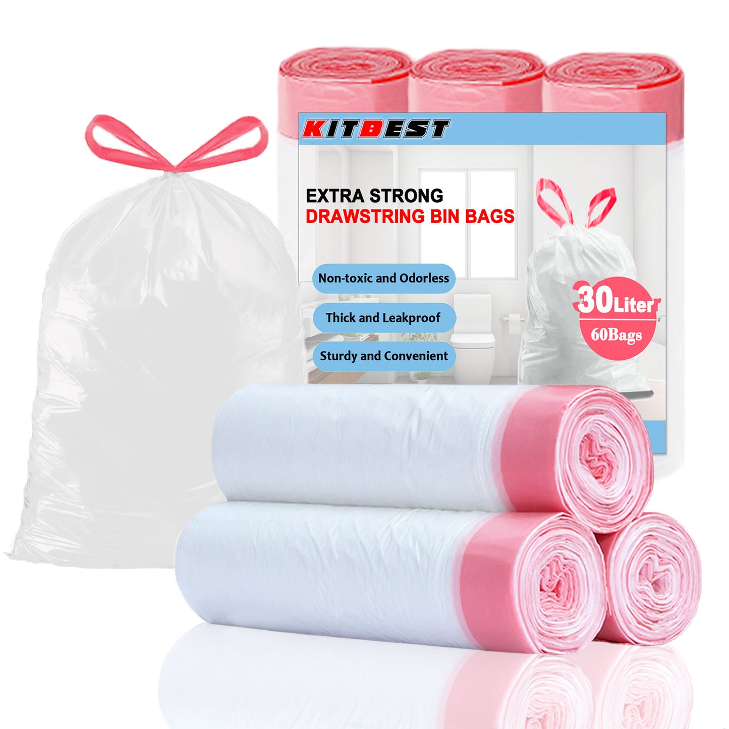 30 Liter Bin Liners 60 Bags, KITBEST Drawstring Bin Bags with Tie Handle, Strong Trash Garbage Rubbish Bags for Bathroom Bedroom Kitchen Office Waste Paper Bin (60cm X 65cm, White)