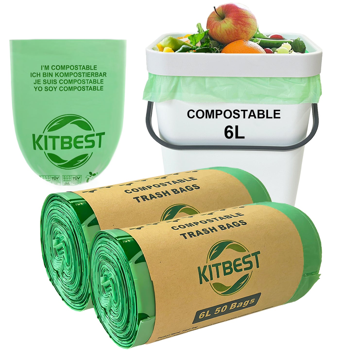 Compostable Food Waste Bags 6L, KITBEST Biodegradable Bin Liners with EN13432 Certification Home Compost Kitchen Caddy Trash Waste Garbage Bags