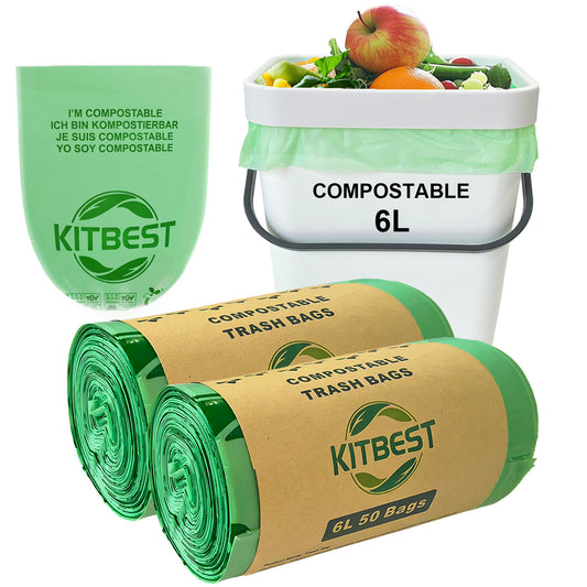 Compostable Food Waste Bags 6L, KITBEST Biodegradable Bin Liners with EN13432 Certification Home Compost Kitchen Caddy Trash Waste Garbage Bags