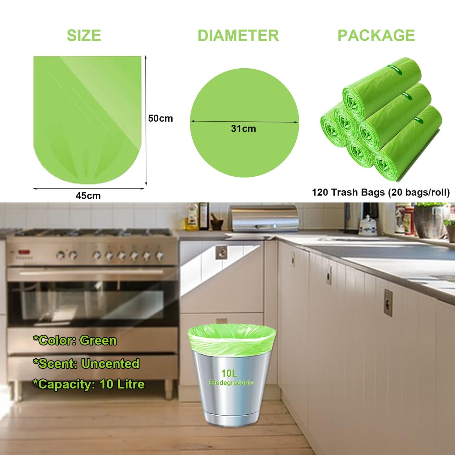 Biodegradable Bin Bags, 10 Litre x 120 Food Waste Bags Bin Liner Small, 10L Compostable Compost Caddy Liners, 100% Recycled Degradable Rubbish Garbage Trash Bags for Kitchen Office, Green, 45 x 50cm