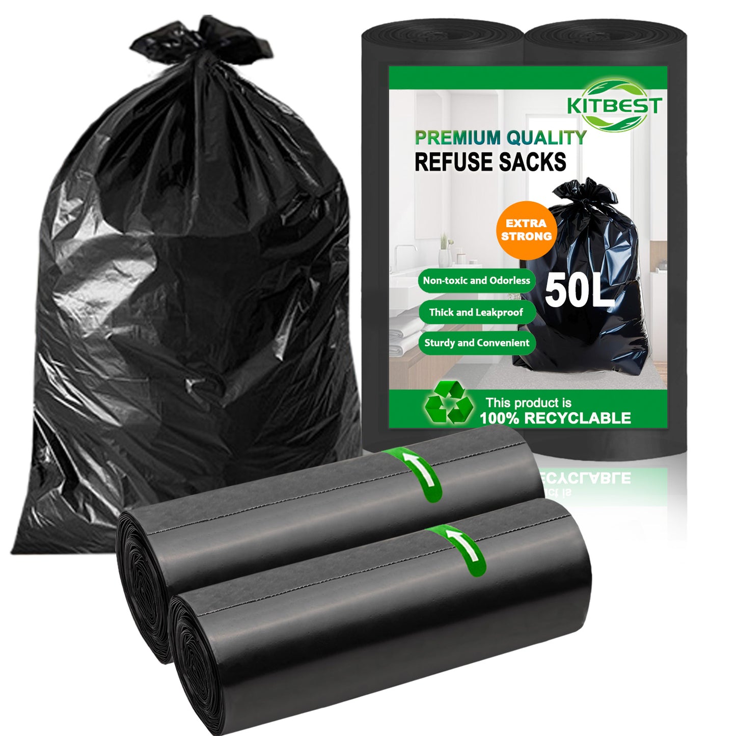 Heavy Duty Bin Bags 50 Litre, KITBEST Recyclable Black Bin Liners, 40 Plastic Rubbish Garbage Trash Dustbin Bags, 50L Sustainable Refuse Sacks for Large Home Office Kitchen Garden Waste Bin (60x80cm)