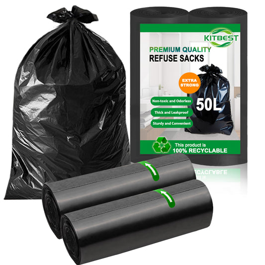Heavy Duty Bin Bags 50 Litre, KITBEST Recyclable Black Bin Liners, 40 Plastic Rubbish Garbage Trash Dustbin Bags, 50L Sustainable Refuse Sacks for Large Home Office Kitchen Garden Waste Bin (60x80cm)