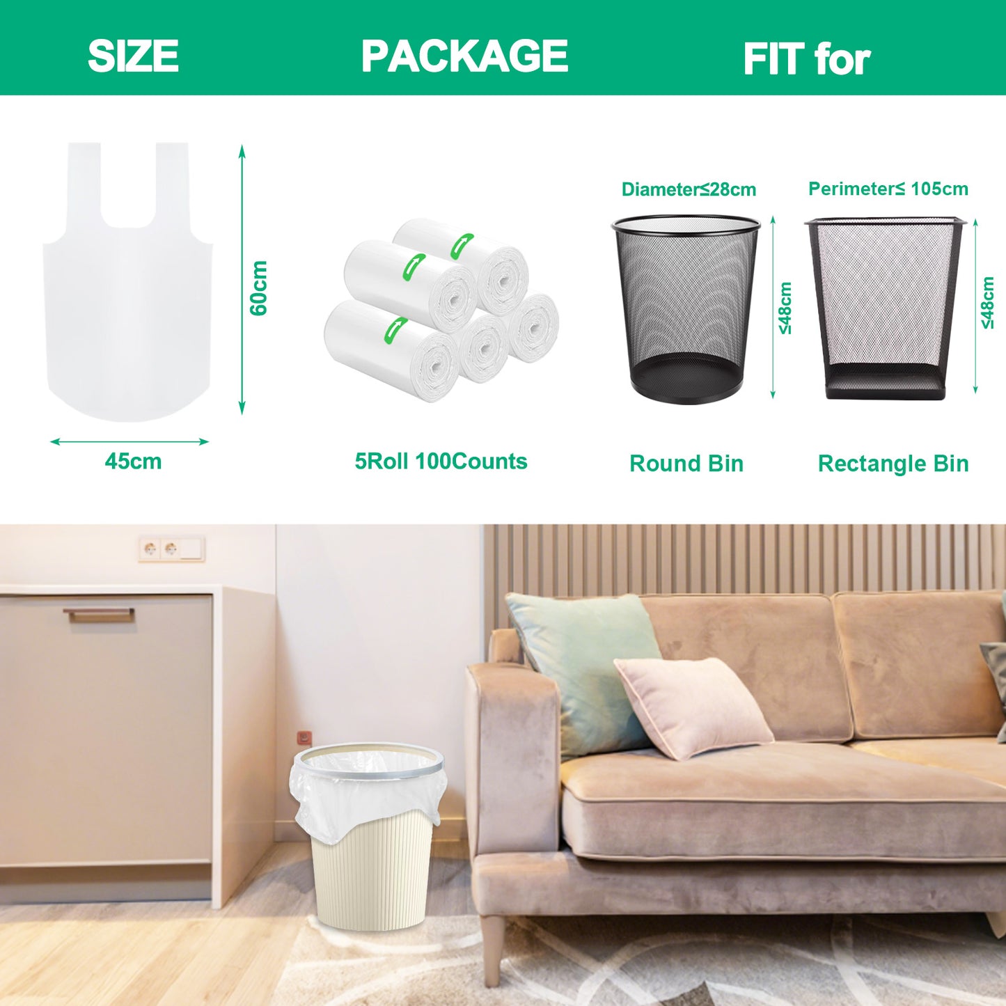 Small Bin Bags 10L with Tie Handle, 100 Plastic Pedal Trash Bin Can Liners, KITBEST Thick Clear Garbage Rubbish Waste Bag for Bathroom Toilet Bedroom Office Kitchen, Unscented, White (45×60cm)