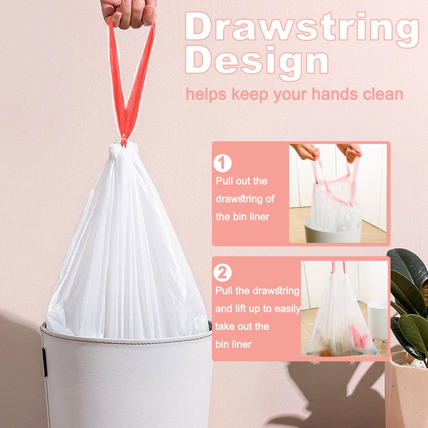KITBEST 20l Bin Liners Drawstring Trash Bags, 100 Tie Handle Swing Food Waste Bags Small Biodegradable Caddy Pedal Rubbish Garbage Bags for Bathroom Office Toilet Kitchen Trash Bin (50 x 60cm)