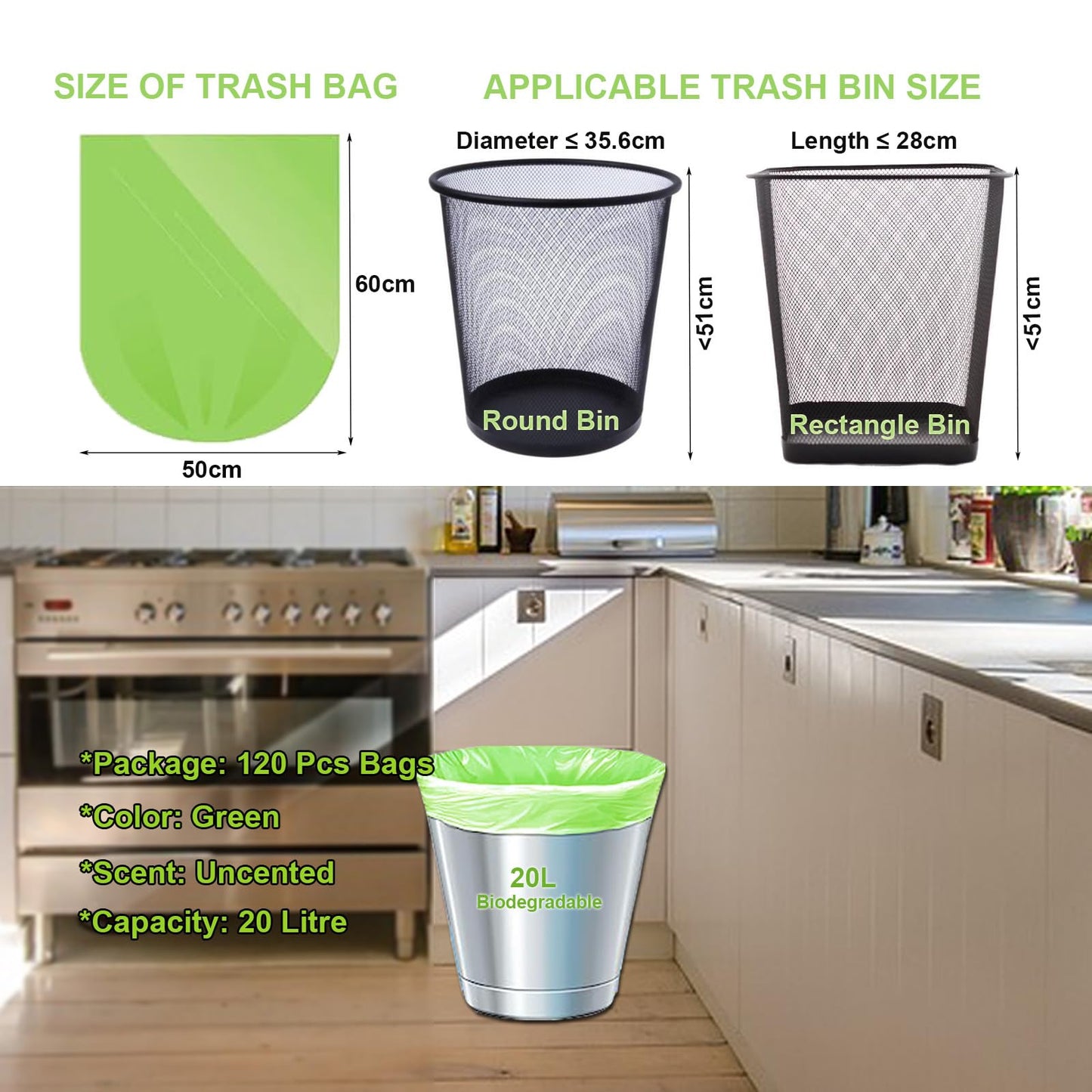 Biodegradable Bin Bags, 20 Litre x 120 Food Waste Bags Bin Liner Small, 20L/5.2 Gallon Compostable Compost Caddy Liners, 100% Recycled Degradable Rubbish Garbage Trash Bags for Kitchen Office, Green