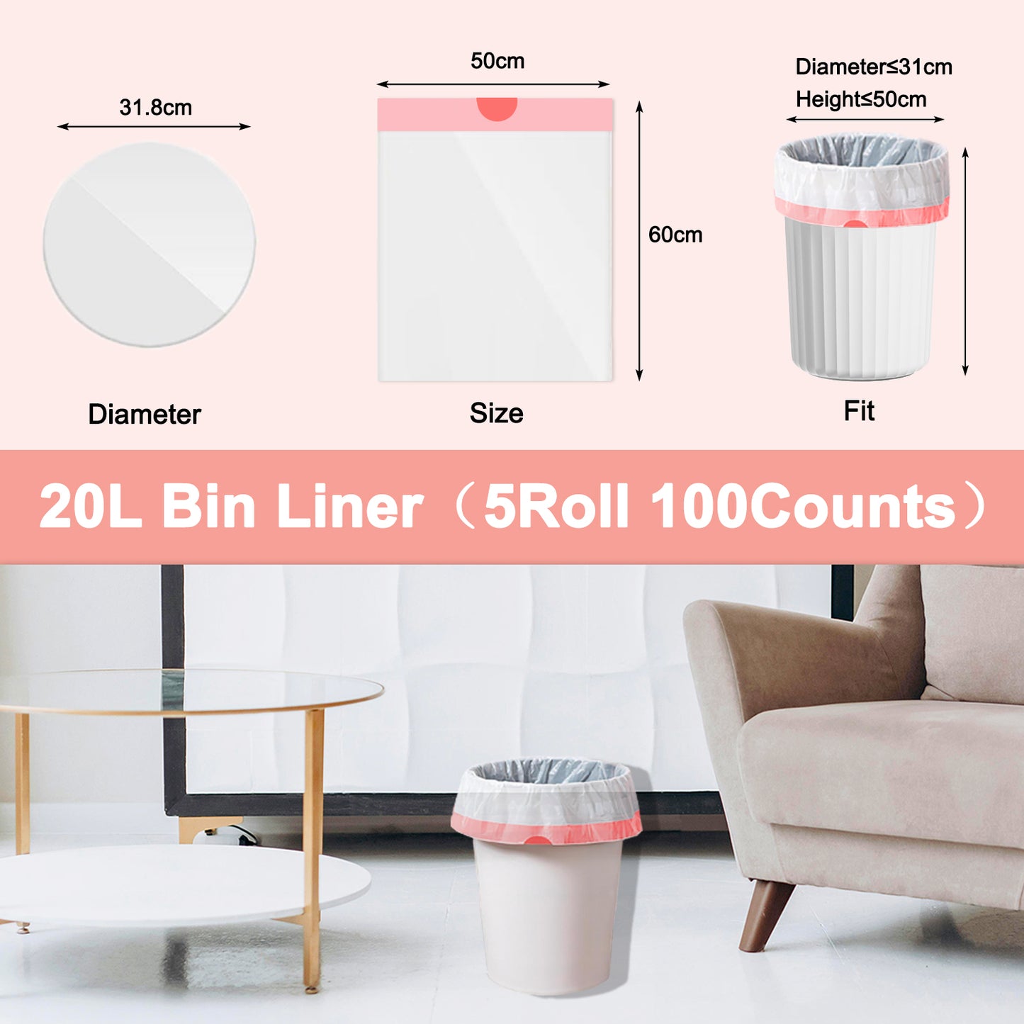 KITBEST 20l Bin Liners Drawstring Trash Bags, 100 Tie Handle Swing Food Waste Bags Small Biodegradable Caddy Pedal Rubbish Garbage Bags for Bathroom Office Toilet Kitchen Trash Bin (50 x 60cm)